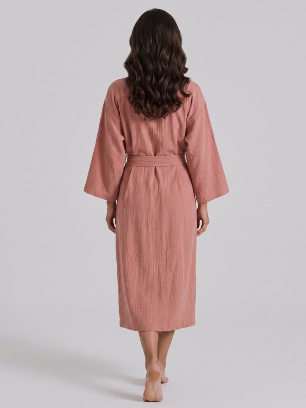 Women's Dusty Pink Cotton Wrap Robe Long Sleeve Belted Casual Lounge Coverup - Picture 3 of 4